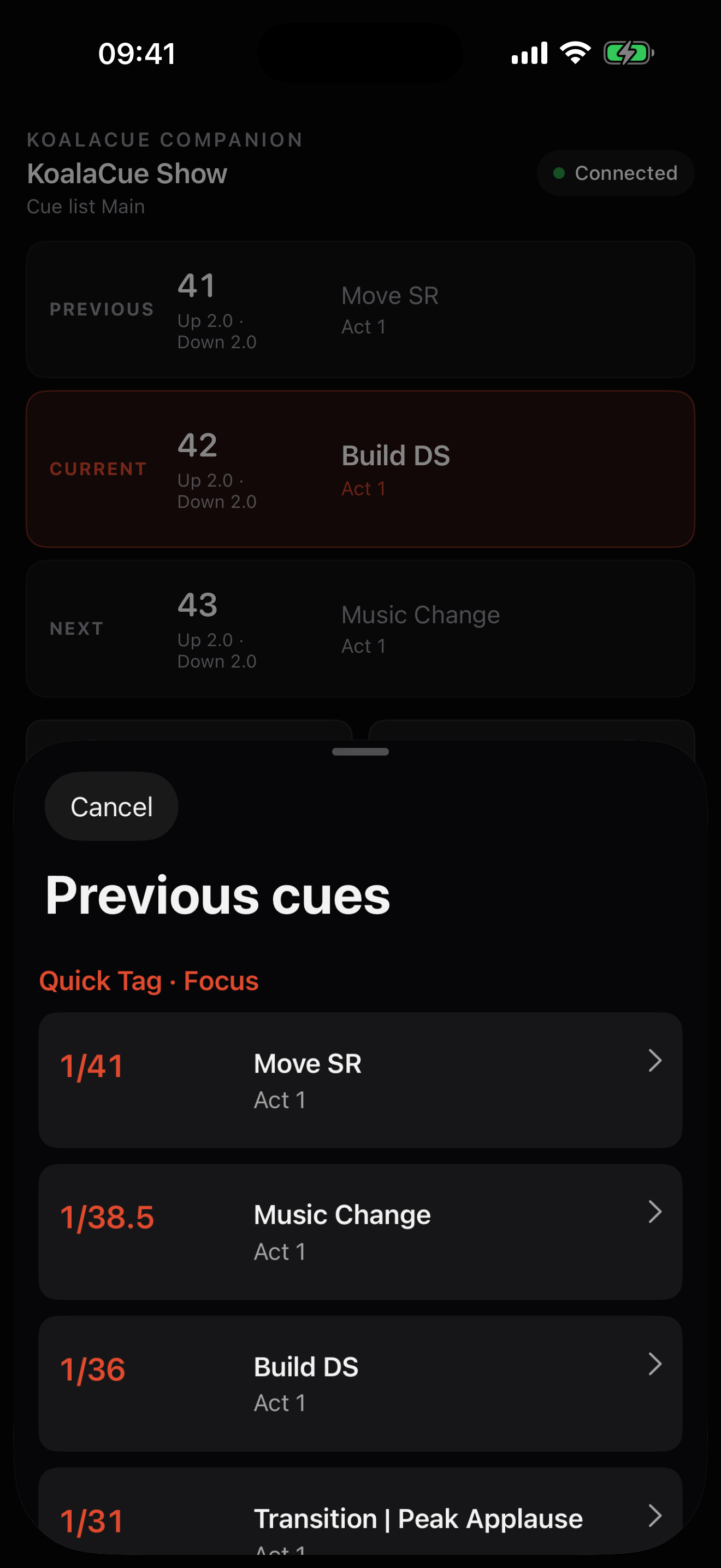 KoalaCue Companion on iPhone showing the live cue list: previous cue 41 Move SR, current cue 42 Build DS highlighted, next cue 43 Music Change, a Connected status badge, and a Previous cues sheet with Quick Tag Focus entries.
