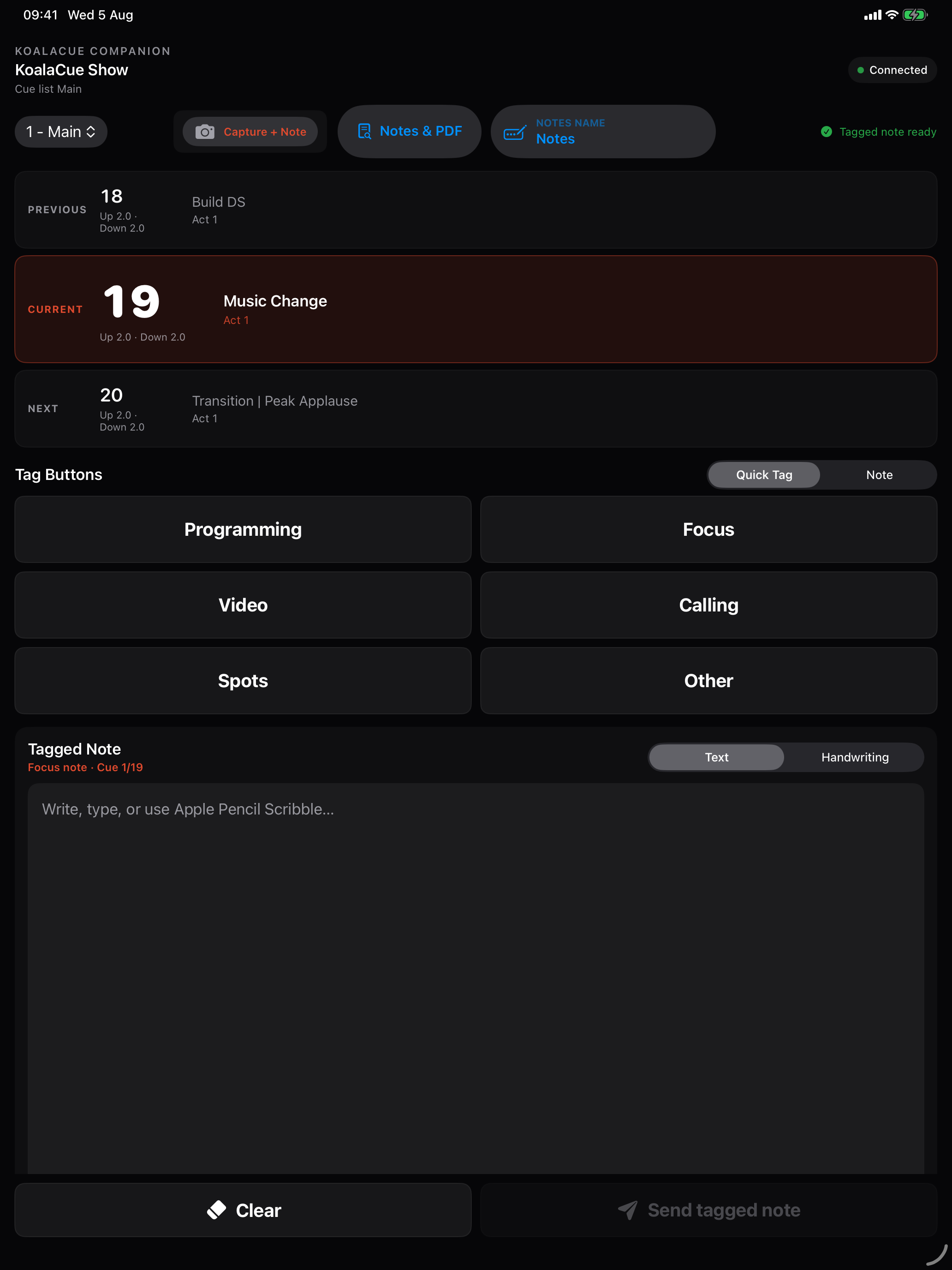 KoalaCue Companion on iPad showing tagged notes: current cue 19 Music Change, Quick Tag buttons for Programming, Focus, Video, Calling, Spots and Other, and a Tagged Note field for a Focus note on cue 1/19 with text or handwriting entry.