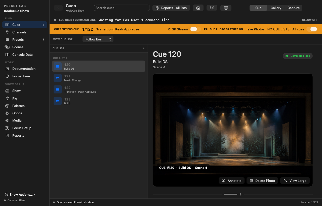 KoalaCue Preset Lab showing a cue photograph of a generic theatre stage in the fictional KoalaCue Show
