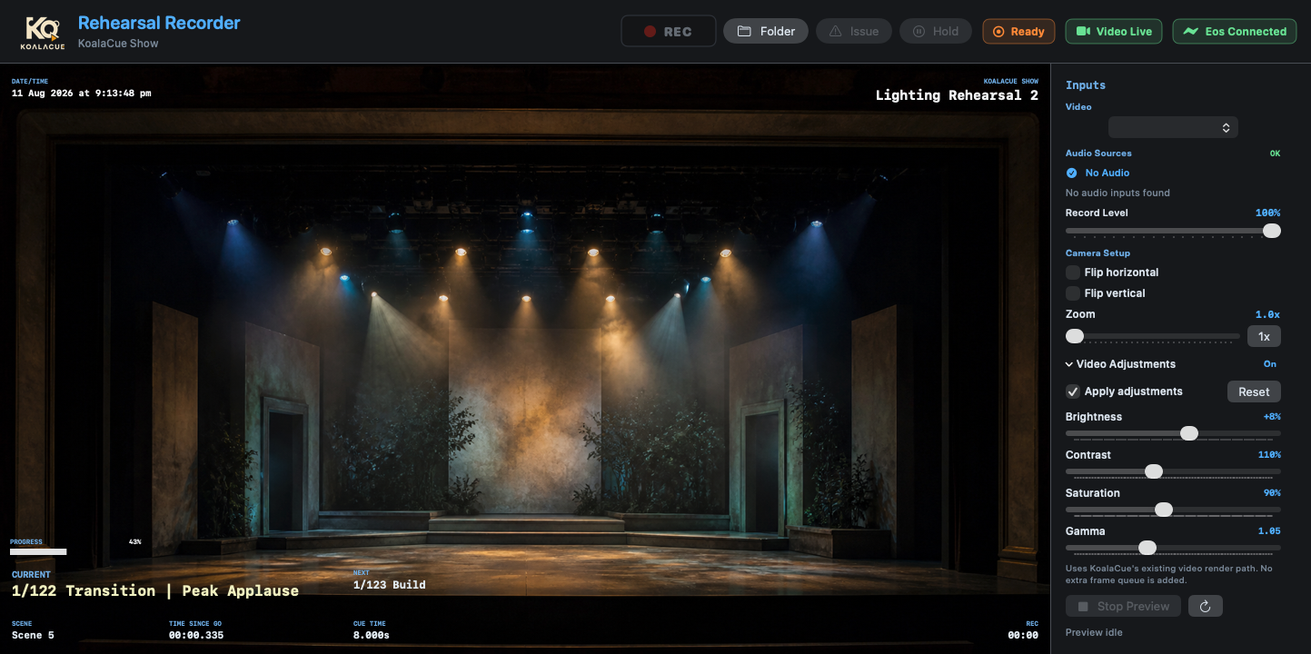 KoalaCue Rehearsal Recorder showing the fictional KoalaCue Show on a generic theatre stage with live cue and time overlays