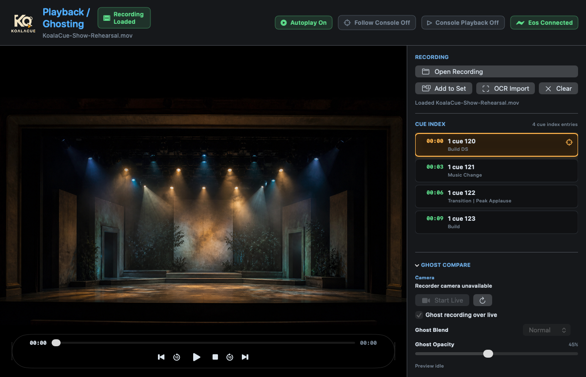 KoalaCue Playback and Ghosting showing the fictional KoalaCue Show recording with its four-entry cue index